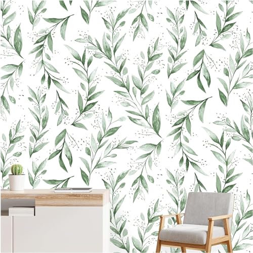 Beautyhero Peel and Stick Wallpaper 17.7 x196.8 Inch Olive Green Leaf Wallpaper Floral Contact Paper Bathroom Vinyl Removable Modern Farmhouse Sage Green Wall Paper Self Adhesive Neutral Wallpaper
