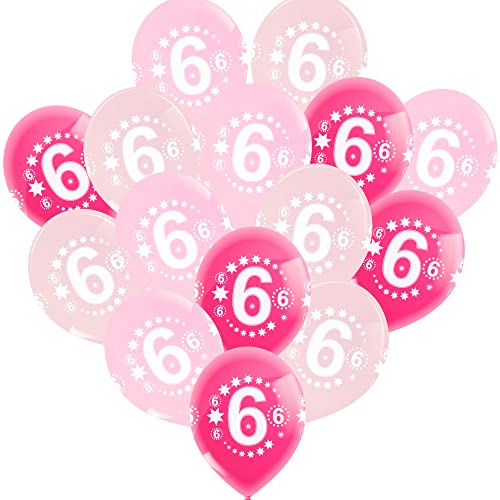 15 Luftballons 6. Geburtstag Mädchen • Zahl 6 • Premium Ballons Helium geeignet • 3 Farben Rosa, Pink, Soft Rosa • 4 Seiten Druck • Deko Mädchen 6 Jahre • 100% Naturlatex, Bio abbaubar