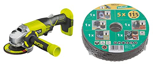 RYOBI - Meuleuse d'Angle Électrique Sans Fil 18V ONE+ Ø115mm - Utilisations sur Métal, Pierre, Parpaing& wolfcraft 1663000 Kit découverte de 5 Disques pour meuleuses ø 115 mm vert
