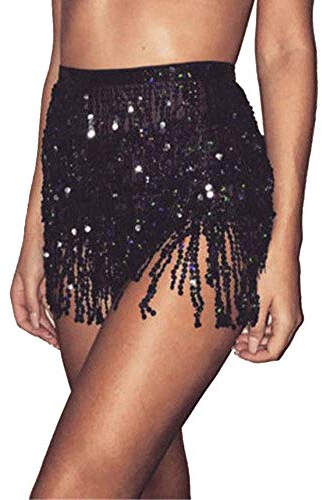 Damen Rave Rock Fransen Rock Pailletten Quaste Rock Bauchtanz Kostüm Bauchtanz Mini Rock Hüftschal Rave Outfit für Frauen und Mädchen (Schwarz, One Size)