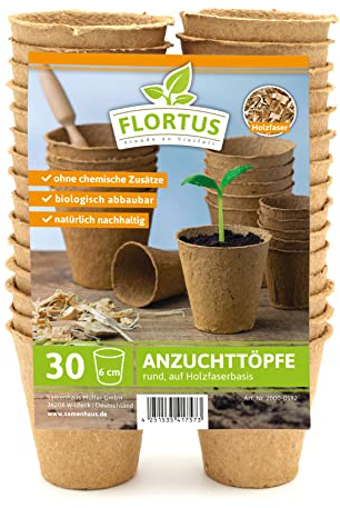 FLORTUS 6 cm Anzuchttöpfe rund auf Holzfaser Basis | 30 Stück | Pflanztöpfe für nachhaltige Gartenarbeit | 100% biologisch abbaubar, torffrei | Ideal für die Aussaat von Tomaten, Gurken und mehr