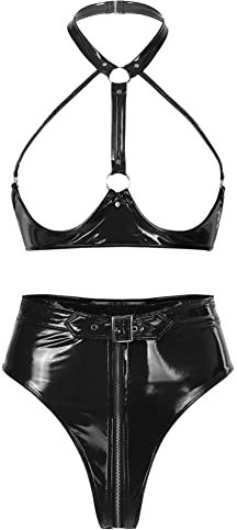 CHICTRY Womens 2 Piece Lingerie Set Stretch Vinyl Shelf Bra Quarter Cup Bra Tops with Panty Nightwear 2# Black S