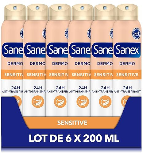 SANEX Deodorant gegen Schweiß Dermo Sensitive – Schutz gegen Schweiß & Gerüche 24 Stunden – für empfindliche Haut – stellt den natürlichen pH-Wert wieder her – Dermatologisch getestet – 6 x 200 ml