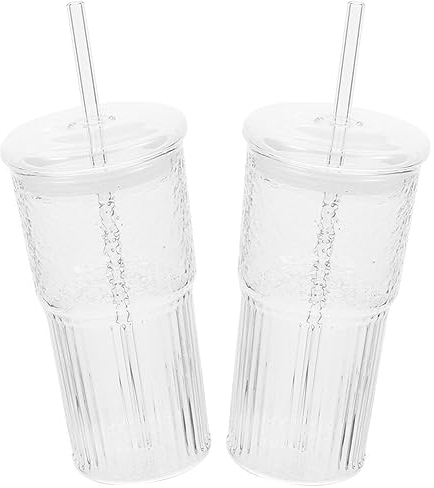 UPKOCH 2 Pack 22oz / 650ml Glass Tumbler with Lid and Straw, Ribbed Drinking Glasses for Iced Coffee, Juice, Water, Tea, Clear Beverage Cups for Home, Office, Party, Dishwasher Safe