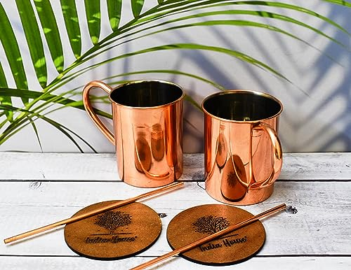India House Moscow Mule Drinking 16 oz Copper Glass / Copper Mugs/Handcrafted of 100% Pure Thick Copper - Straight Smooth Finish (Set of 2 Mug Inside Nickel Polish (2 Coaster, 2 Straw Free))