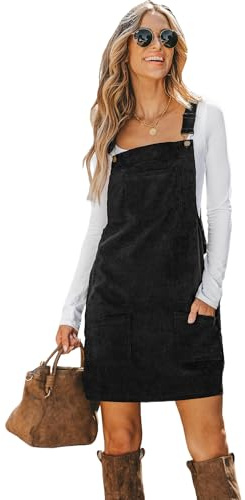 CUPSHE Women's Casual Mini Dress Square Neck Corduroy Solid Pocket Front Wide Straps Short Overall Dresse Black M