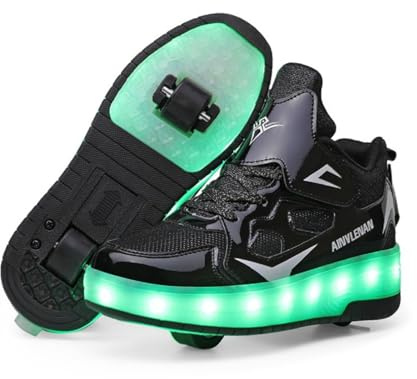 Chaussures de sport pour enfants,chaussures de skateboard à deux roues,lumière à changement de couleur réglable,recharge USB,universelles pour garçons et filles,noir rose or argent,taille 27–40 EU