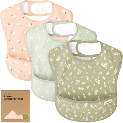Paquete de 3 baberos impermeables para comer – Baberos ligeros con recogedor de alimentos, baberos resistentes a las manchas, baberos impermeables para bebés, niños, bebés, baberos (Bloom)