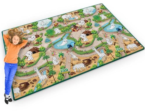 Ricokids - Spielmatte zum Bemalen - Set mit Buntstiften - für Babys und Kinder, Mädchen, Jungs - mit Zootiere-Motiven - 120 x 200 cm - Faltbar - Groß, XXL - Krabbelmatte, Boden - Rutschfest, Bunt
