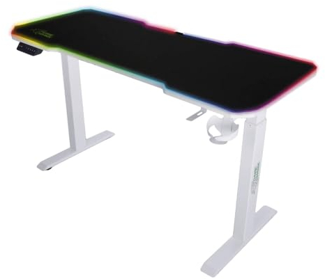 24unseremoebel Gaming Schreibtisch E-Talisman 140x60cm, Höhenverstellbar 70-118cm, Blatt mit LED-Beleuchtung, Ergonomisches Design, Stabile Konstruktion, Kopfhörerhaken, Becherhalter, weiß schwarz