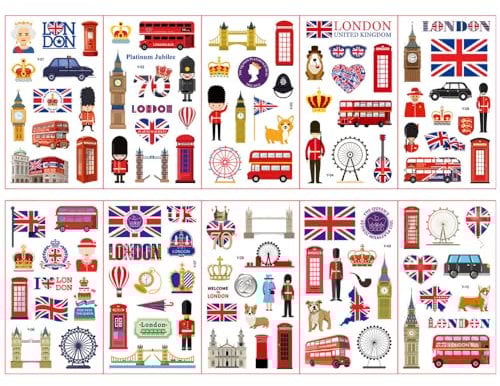 CHICAN 10 Pcs Union Jack Temporary Tattoos, Union Jack Face and Body Tattoos, Union Flag Temporary Stickers for Crown Big Ben London Eye Party Festival (UK)