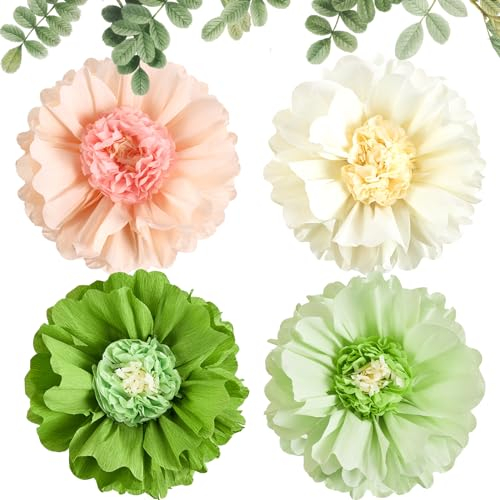 SUNBEAUTY 4 Stücke 20“ Beige Papierblumen Party Dekorationen Grün 3D Papier Blumen Grün Krepppapierblumen für Hochzeit Brautparty Babyparty Geburtstag