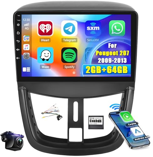 Hikity 2GB+64GB Android 15 Autoradio für Peugeot 207 2009-2013 Radio Wireless CarPlay Android Auto Bluetooth Freisprecheinrichtung 9 Bildschrim Auto Radio mit Navi Rückfahrkamera
