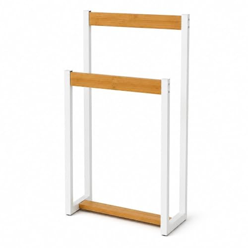 Toallero de Metal Blanco con Doble Barra Escalonada de Bambú 41×18×80 cm | Organización y ventilación para varias toallas en el baño XZ-22179-1