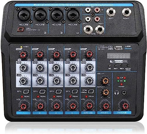 ZIJINGY Studio Mixing Desks, 4/6 Portable Mini Mixer Audio DJ Console with Sound Card, USB, 48V Power for PC Recording Singing Webcast Party