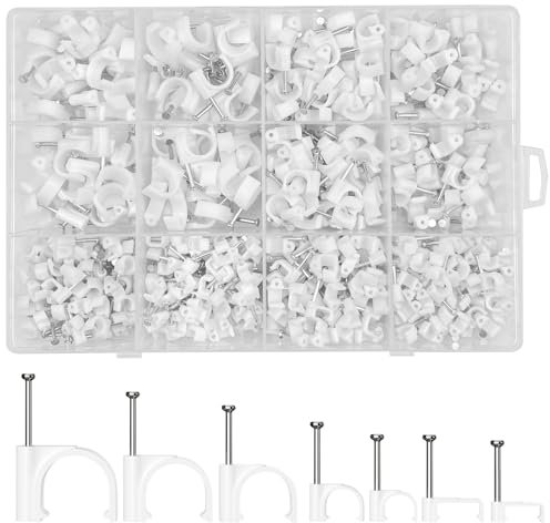 Chiluxendo 500x Clips de Cable Redondos + 200x Abrazaderas de Cables Cuadrado, Grapas Cable Pared, Clip Sujetacables con Clavos de Fijación, Abrazadera de Clavo, 4mm/5mm/6mm/8mm/10mm, Blanco