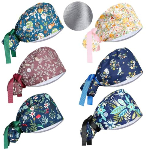 OP-Hauben für Damen, Satin-gefüttert, verstellbar, mit Knöpfen, Schweißband, Pferdeschwanz, Arbeitskappe mit Raffhalter, 4 Stück