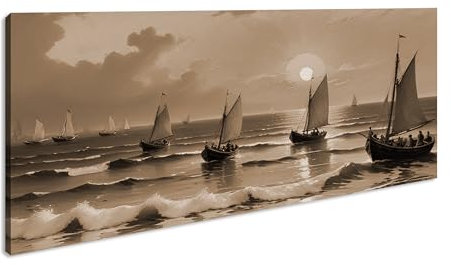 Leinwandbild Bunte Boote segeln in den Sonnenuntergang über goldenen Wellen. Panorama Format: 120x60 cm Effekt: Sepia XXL Kunstdruck Bild auf Keilrahmen/Wandbild/Wohnzimmer Deko