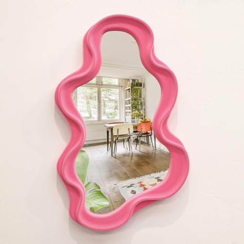 TEIPAI Wavy Mirror Wall Decor for Living Room, Asymmetrical Wall Mounted Mirror for Girly Bedroom Decoration, Velvet Touch Decorative Tray Home Accent for Dining Room Kitchen (Pink)