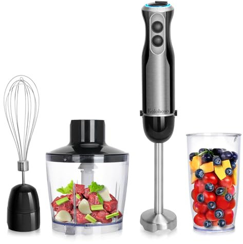Kolohoso 1500W Frullatore a Immersione, 4 in 1 Minipimer Acciaio Inox, Multifunzione Minipimer Immersione 20 Velocità Regolabili, Frullatore con Frusta, 600ml Misurino un 500ml Tritatutto, senza BPA