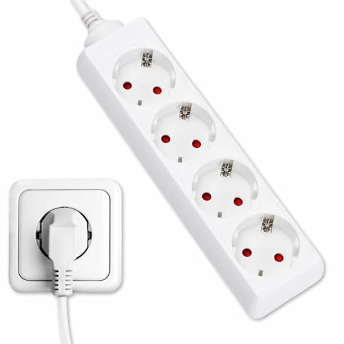 TECHZOCO Regleta Alargador con 4 Enchufes, Regleta de enchufes para el hogar, Base de enchufes schuko sin Interruptor, MAX 3680W, 16A, 250V, H05VV-F 3G1m㎡, Blanco, Longitud del Cable 3 Metros