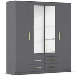Rauch Möbel Belfast Kleiderschrank, Schrank, Garderobe, Organizer, 4-türig, mit Spiegel, 4 Schubladen für mehr Stauraum, Farbe Grau metallic, Schwarz, Holzgriff Eiche Massiv, 181x197x54cm