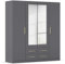 Rauch Möbel Belfast Kleiderschrank, Schrank, Garderobe, Organizer, 4-türig, mit Spiegel, 4 Schubladen für mehr Stauraum, Farbe Grau metallic, Schwarz, Holzgriff Eiche Massiv, 181x197x54cm