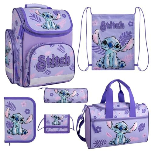 Familando Mochila escolar para niña de 1ª clase · Macuto ergonómico · Disney Lilo y Stitch Mochila escolar en set, morado, 6 piezas con bolsa de deporte