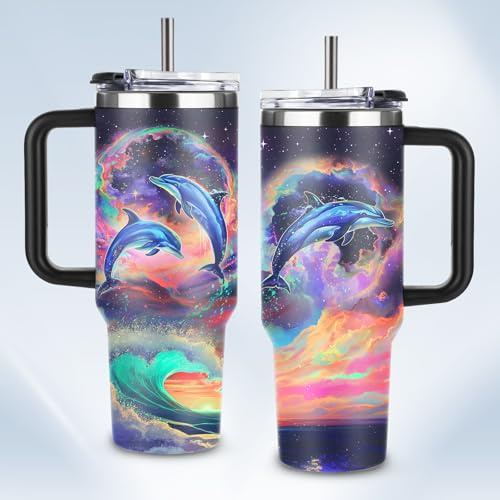 HYMONA Dolphin Tumbler 40 OZ Ocean Themed Vacuum Insulated Travel Mug, Blue Ocean Dolphin Gift Coffee Cup for Marine Lovers Christmas Birthday Present