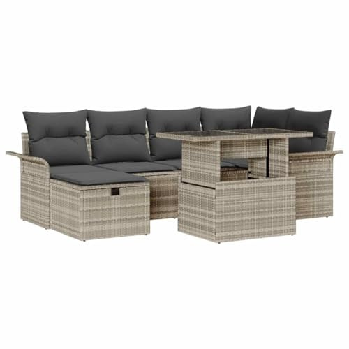 vidaXL 7-teiliges Garten-Sofa-Set mit Kissen in Hellgrau aus Poly-Rattan – Modulare Gartenmöbel für Deine Terrasse oder den Patio.