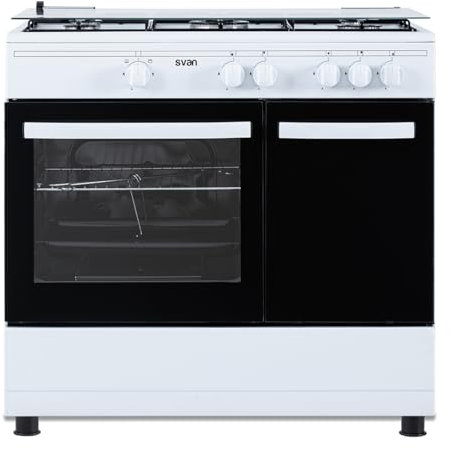 Svan Cocina Gas Butano 5 Zonas de Cocción, Horno 55 L, Blanco SKGW5901PB. Control Manual, Quemador WOK triple llama, 2 Programas, Compartimento Bombona, Cristal en Puerta de Doble Capa, Tapa Abatible