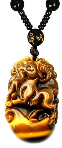 Chiorgone Natural Tiger Eye Pendant Sheep - Chinese Zodiac Amulet for Good Luck & Protection - Feng Shui Healing Crystal Necklace Charm for Men/Women.