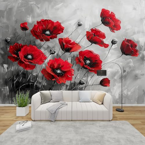 QEODAH 3D Tapete Mohn Schlafzimmer, Fototapete Rote Mohnblumen, Vliestapete Rot Grau, Tapeten Wohnzimmer Muster, Aquarell Blumen Wand Deko Kinderzimmer, Wandtapete, Mustertapete Vlies 350x256 cm