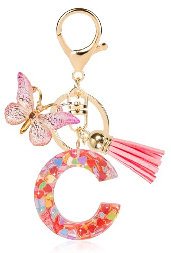 porte clé kawaii, porte cle femme papillon mignon, porte clef femme voiture rose à paillettes, résine alphabétique, porte-clés pour filles pour sac à dos, porte cle écolier (Rose-C)