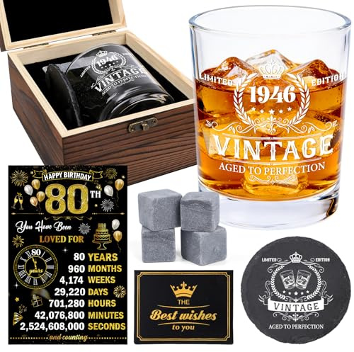 Luvart 80th Birthday Gifts for Men - Vintage 1946 Whiskey Glass Tumbler Wood Box Whiskey Stones Back in 1946 History Card Coaster Birthday Gift Set for Men Him Husband Dad 80 Year Old Party