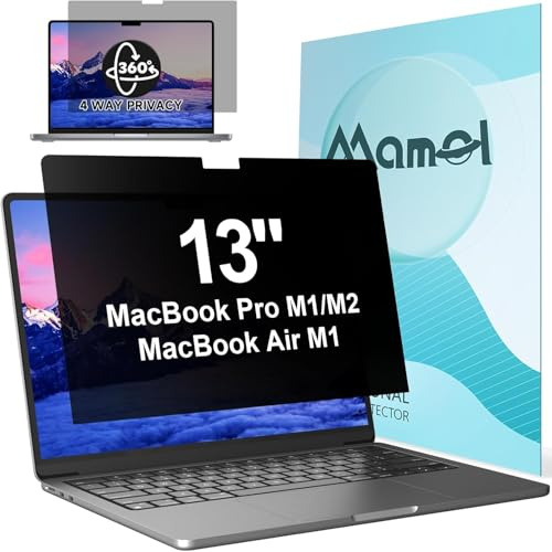 Mamol 360° Privacy Screen for Macbook Pro 13 Inch (2016-2022, M1, M2) & Air 13 inch (2018-2021, M1), Anti Glare Blue Light Filter, Nano No Glue Anti Spy Black Protector for Mac Pro 13'' Laptop