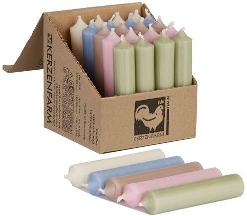 Kerzenfarm Hahn Stabkerzen Bunt Kerzenset 25 Stück, 100mm x 22mm, Durchgefärbte Spitzkerzen, 5+ Stunden Brenndauer, Made in Germany - Ohne Tropfen & Rußen - Unparfümierte (Nordic Pastel Mix)