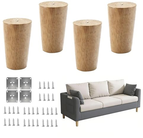 Rthynti 4 Pcs Wooden Furniture Legs, 8 cm Legs for Furniture with 32 pcs Screw and 4 Pcs Mounting Plates, Straight Solid Tapered Wood Replacement Sofa Legs for Bed, Table, Chair, Sofa, Footstool