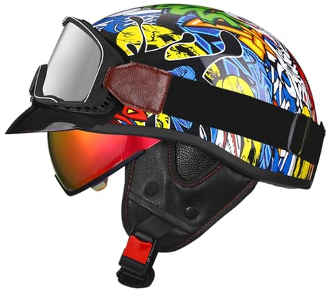 Casques Bols Rétro Demi Casque Scooter Vintage pour Adultes Hommes Femmes Casque Jet Demi-Casque Ouvert Moto avec Lunettes Homologué DOTECE La Doublure Est Amovible E,S:55-56CM