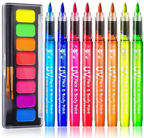 8 Farben Neon Stifte und 1 Face Paint, Neon Schminke, Gesichtsbemalungsstift, Hautfreundlich, Wasserdicht UV Fluoreszierende Stifte für Festival Party Deko Zubehör