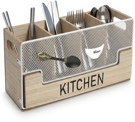 Wooden Kitchen Utensil Holder - 4 Compartment Cutlery Caddy with Side Handles, Nordic Style Kitchen Organiser for Knives Forks Spoons Pancake Spatula, Rustic Cutlery Holder for Table, Kitchen Counter