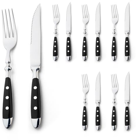 Alata Berlin bakelite Steak Knife & Dinner Fork 12pc black | Spülmaschinenfest, rostfrei, hochglanzpoliertes Besteck für Zuhause, Grillparty, Hochzeitsgeschenk, 6 Messer + 6 Gabeln