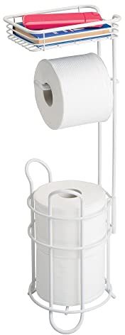 mDesign Porte Papier Toilette – dérouleur Papier Toilette élégant en métal – Distributeur Papier Toilette avec étagère – idéal pour Rangement Salle de Bain – Blanc Mat 8793MDBSTEU