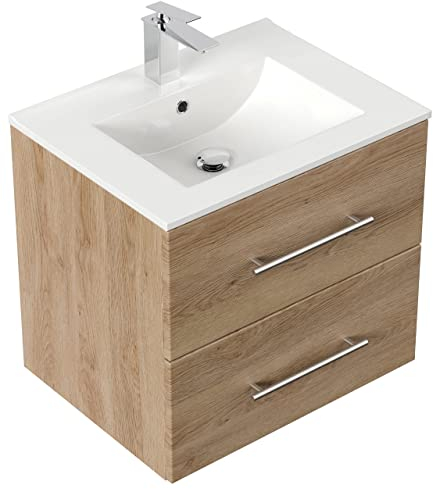 emotion | Waschbecken mit Unterschrank in Eiche hell | Made in Germany | B62 x H57,4 x T47 cm | Waschtischunterschrank mit Zwei Schubladen | Keramik-Badmöbel für designvolle Badezimmer