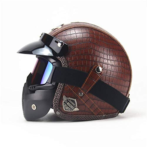 Casques Jet Homme Vintage, Marron/Texture de Crocodile, Casque de Moto Rétro avec Visière Lunettes Masque, Fait Main Cuir PU Casque Ouvert Scooter Vespa Chopper Biker Pilot, D.O.T Certifié,S