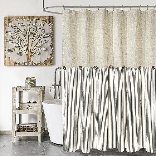 DOSLY IDÉES Tenda da doccia a righe beige e marrone, tenda con bottoni, tessuto in lino e cotone, stile rustico country chic, 183 x 198 cm