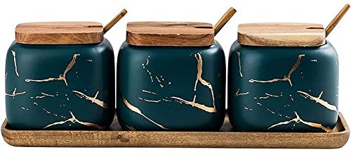MAGICVOGEL Lot de 3 boîtes à épices en céramique avec couvercle aspect marbre - Pour le sel, le sucre, le poivre - Avec support en bois - Vert