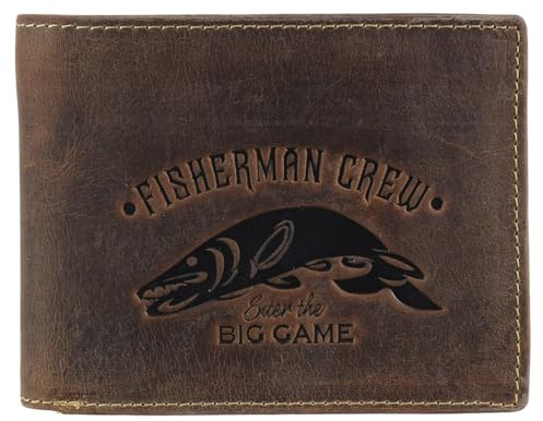 Greenburry Vintage Fisherman Crew Leder Geldbörse Portemonnaie Geldbeutel Portmonee BV-1796-FC-Pike Hecht Fisch Angler, Farbe:Braun