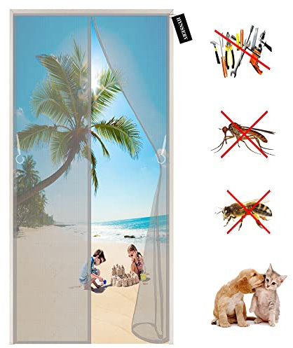 Fly Screens for Doors Magnetic Anti Mosquito Net 140 x 205 cm Fly Curtain Mesh, Insect Door Screen with Full Frame Magic Tape, Keep Out Bugs Let Fresh Air in - Grey A