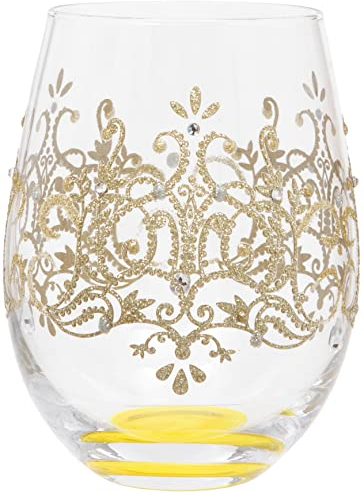 Maturi Verre à vin sans pied peint à la main, motif floqué doré, 530 ml, boîte cadeau